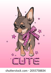 Cute chihuahua sketch. Dog with shiny bow. Vector illustration in hand-drawn style	