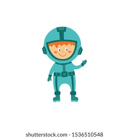Cute child astronaut or cosmonaut in space suit and helm cartoon character a flat vector illustration isolated on white background. Space travel and adventure.