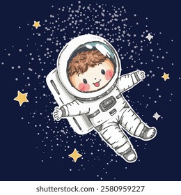 A cute child astronaut is happily floating in space, surrounded by stars. The child wears a white spacesuit and helmet. The dark background is filled with sparkling stars.