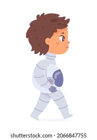 Cute child astronaut walking in space vector illustration. Cartoon kid cosmonaut character wearing spacesuit and holding helmet in hands, interstellar expedition of children isolated on white