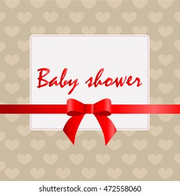 cute child background with hearts for congratulation or invitation. Pattern to decorate the album page or scrapbook. with frame for text and a red ribbon and bow. Baby shower or arrival.