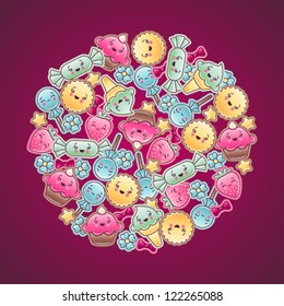 Cute child background with kawaii doodles.