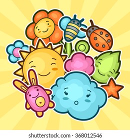 Cute Child Background With Kawaii Doodles. Spring Collection Of Cheerful Cartoon Characters Sun, Cloud, Flower, Leaf, Beetles And Decorative Objects.