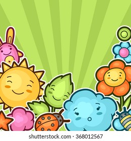 Cute child background with kawaii doodles. Spring collection of cheerful cartoon characters sun, cloud, flower, leaf, beetles and decorative objects.