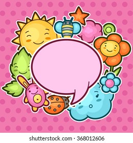Cute child background with kawaii doodles. Spring collection of cheerful cartoon characters sun, cloud, flower, leaf, beetles and decorative objects.