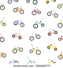 Cute child bicycles seamless pattern. Kids colorful bikes texture. Sport vehicle concept. Vector illustration isolated on white
