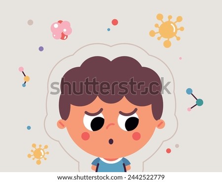 Cute child and boy character immune protection system flat vector illustration isolated on background.