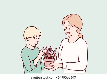 Lindo niño ayudando a su madre a cuidar de las plantas. Ilustraciones de diseño de Vector de estilo dibujado a mano.