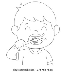 Cute child brushing teeth with toothbrush. Clean black and white outline vector coloring page for kids. Perfect for dental care, oral hygiene education, healthy habits, morning routine worksheets, preschool activities, dentist clinic materials, and children’s coloring books. Isolated on white.