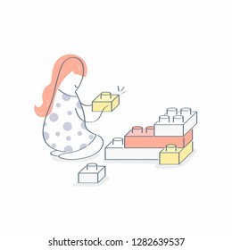 Cute child building from constructor cubes, building from blocks and tiles, colored toy bricks. Project development, creative design concept. Light outline modern vector illustration.