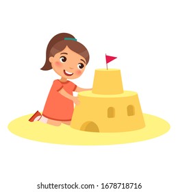 Cute child building sand castle flat vector illustration. Funny kid playing on beach cartoon character. Little girl constructing sandy fortress isolated on white background. Summer recreation activity