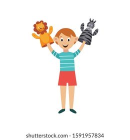 Cute child cartoon character performs puppet-show with hands puppets, flat vector illustration isolated on white background. Children education and amusement.