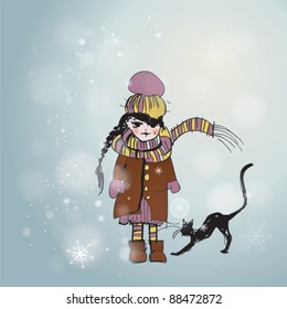 Cute child with cat / Snowy background