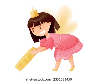 Cute child character Tooth Fairy with wings pulling a huge golden coin. Cartoon vector isolated girl princess in golden crown.