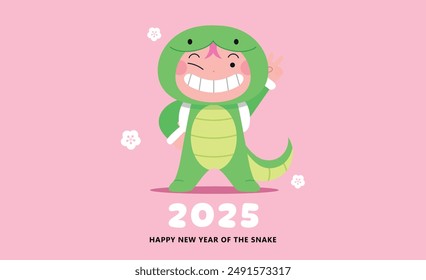 Cute child character with zodiac snake costume 2025 new year card. Chinese new year of the snake 2025 vector illustration.