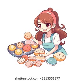 Chef niño lindo sonriendo, cocinando deliciosos donuts icono aislado