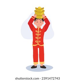 Cute Child in Chinese Cultural Dress Celebrating Lunar New Year with Gold. Little Kid in Chinese Traditional Costume with Gold