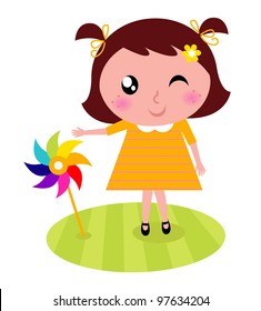 Cute child with colorful windmill isolated on white