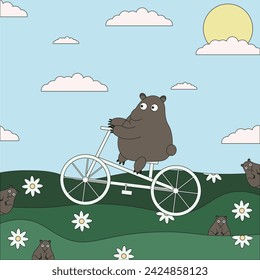 Nettes Kinderdesign mit Murmeltier auf Fahrrad. Sommerkunst mit lustigem Tier. Vektor-Illustration kann verwendet werden Kinderbuch, Kartenabdeckung. EPS 10 Editierbarer Strich