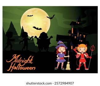 Cute child in a devil and witch costume. Halloween night background with haunted house vector