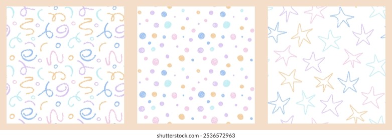 Cute Child drawings seamless Pattern set. Scribble stars Dots in pastel colors background. Doodle Hand drawn Crayon Pencil texture. Template for kids scrapbook, packaging, textile print