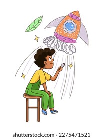 Cute child draws on wall. Small talented schoolboy sit on chair and draws rocket, stars and leaves with chalk. Creativity and imagination. Cartoon flat vector illustration isolated on white background
