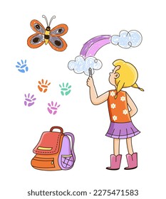 Cute child draws on wall. Little girl holds chalk or pencil and draws rainbow, butterfly, and prints. Creative kid with Imagination. Cartoon flat vector illustration isolated on white background