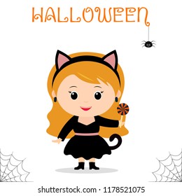 Cute child dressed in black cat costume and holds a lollipop celebrating at a Halloween party isolated on a white background. Flat style, cartoon, vector.