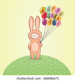 Cute child dressed as bunny holding balloons. Vector birthday card.