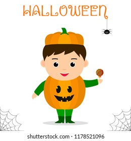 Cute child dressed in costume Halloween pumpkin with candies celebrating at a Halloween party isolated on a white background. Flat style, cartoon, vector.