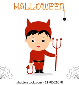 Cute child dressed in devil costume with a trident and tail celebrating at a Halloween party isolated on a white background. Flat style, cartoon, vector.