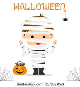 Cute child dressed in an Egyptian mummy costume, pumpkin with candies, celebrating at a Halloween party, isolated on a white background. Flat style, cartoon, vector.