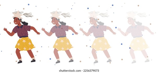 Niño lindo vestido con traje de hadas de estrella. Personaje femenino de cosplay en la fiesta de disfraces. Chica creativa en cabeza de cuerpo celestial hecha por uno mismo. Niño con traje de estrella jugando al juego espacial, ilustración borrosa