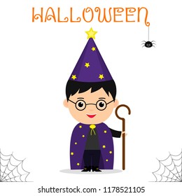 Cute child dressed in a suit of the astrologer mage with a staff celebrating at a Halloween party isolated on a white background. Flat style, cartoon, vector.