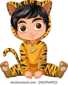 Cute child dressed as a tiger, sitting happily