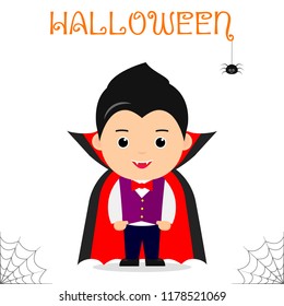 Cute child dressed in a vampire suit Dracula in a raincoat, celebrating at a Halloween party, isolated on a white background. Flat style, cartoon, vector.