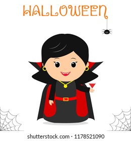 Cute child dressed in a vampire suit Dracula in a raincoat, celebrating at a Halloween party, isolated on a white background. Flat style, cartoon, vector.