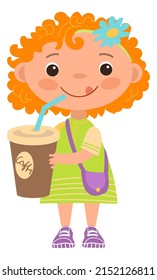 Cute child drink from plastic cup. Happy girl character