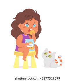 Cute child eating cookie with chocolate vector illustration. Cartoon isolated funny girl with overweight body sitting on chair with jar of sweets to eat, gluttony, obesity problem of young character