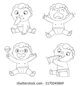 Cute Child is eating milk from a bottle. Kid plays with a rattle and laughs. Baby sobs. Little boy picks his nose. Funny cartoon character. Vector illustration. Coloring book.