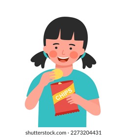 Un niño lindo comiendo papas fritas snack en diseño plano sobre fondo blanco.