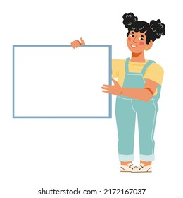 Cute niño con pancarta vacía o afiche para texto, ilustración vectorial plana aislada en fondo blanco. Plantilla para la publicidad de eventos infantiles.