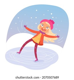 Cute child falling on ice rink vector illustration. Cartoon skater blond girl character dancing, skating in winter snowy park landscape, fall accident of scared child on skates isolated on white