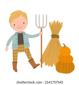 Cute child farmer is harvesting. Little boy with pumpkins, hay and garden pitchfork. Autumn vector illustration.