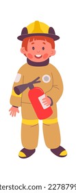 Cute child with fire extinguisher flat icon Dangerous profession. Vector illustration