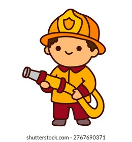 cute child firefighter using long water hose to spray and put fire
