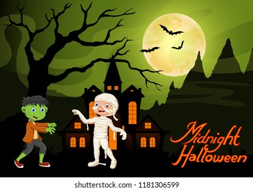 
Cute child in a frankenstein and mummy costume. Halloween night background with haunted house and full moon