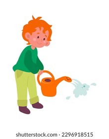 Cute child gardener with watering can vector flat illustration Gardening