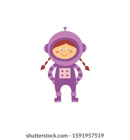 Cute child girl astronaut or cosmonaut, space traveler cartoon character a flat vector illustration isolated on white background. Space adventure childish funny image.