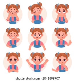 Cute child girl avatar facial emotions and feelings. Little kid face emoji with angry, sad, happy, shock and question expression vector set. Illustration child emotion face avatar, facial expression